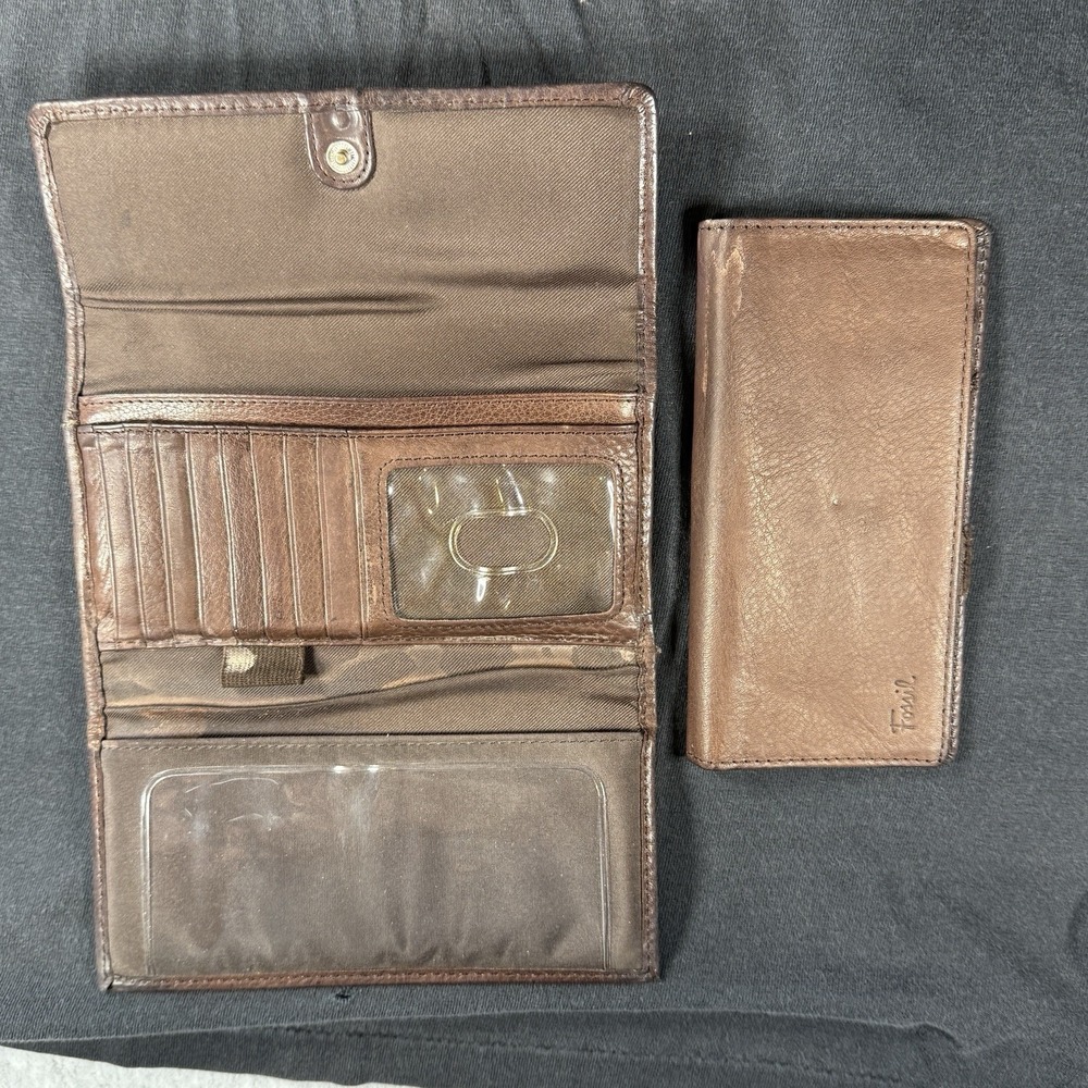 Fossil Trifold Wallet Snap Closure Organizer Brown‎ Leather Zippered Pocket - Picture 3 of 7